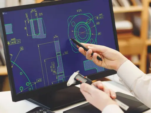Un programmatore CAD CAM analizza un disegno tecnico su schermo, usando uno stilo e un calibro per misurare dettagli.