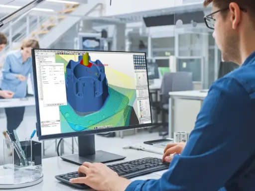 Ingegnere lavora al software cam cnc per progettare un componente meccanico complesso.