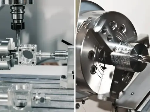 Dettaglio di un tornio CNC che lavora un pezzo metallico. Un altro tornio in azione, con una punta che perfora il metallo rotante.