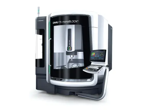 Macchina utensile DMG MORI DMU 75 monoBLOCK, con un pannello di controllo digitale e un mandrino pronto per la lavorazione di precisione.