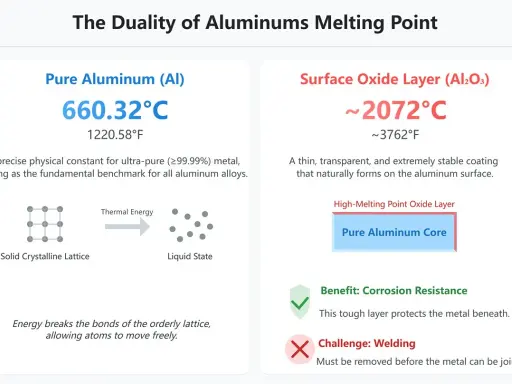 Confronto tra la temperatura fusione alluminio puro (660°C) e lo strato di ossido (2072°C), evidenziando la sua resistenza alla corrosione ma difficoltà di saldatura.