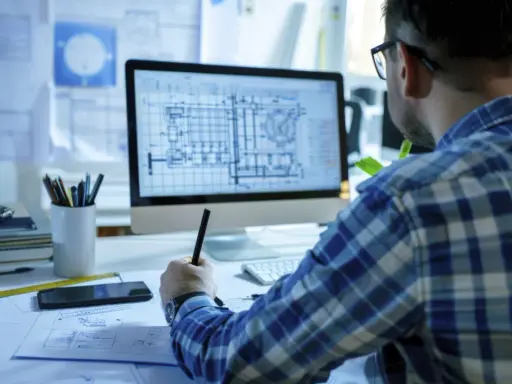 Un disegnatore CAD lavora al computer, concentrato sui progetti. Lo stipendio di un disegnatore CAD varia in base all'esperienza.