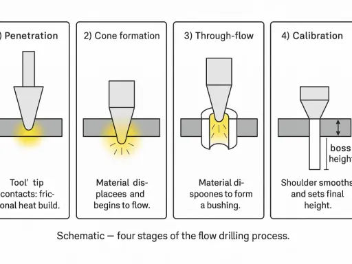 Schema a quattro fasi del processo di foratura a flusso, utile per determinare la tabella velocità foratura metalli.
