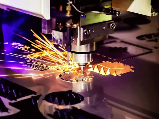 Macchina per **taglio laser** in azione, con scintille dorate che volano mentre crea forme precise su un foglio di metallo.