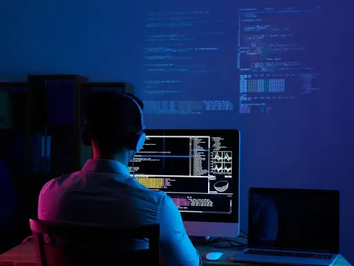 Programmatore con cuffie lavora al suo computer, analizzando dati e codice su più schermi. Il cam software illumina la stanza con luci blu e rosa.