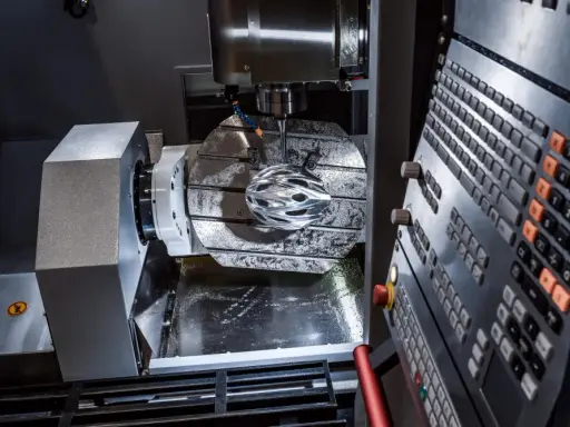 Macchinario CNC in azione, con un casco da ciclista in lavorazione. La manutenzione macchinari industriali è fondamentale per precisione e efficienza.
