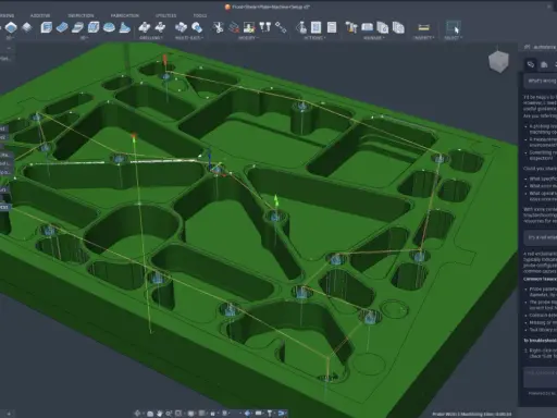 Interfaccia di cam autodesk con un modello 3D di un pezzo meccanico verde e un assistente che suggerisce soluzioni per un problema con una sonda.