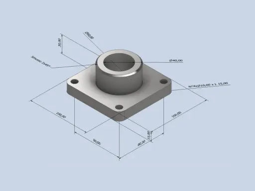 Disegno tecnico di un componente con quote, ideale per esercitazioni Inventor. Base quadrata 100x100mm, altezza 30mm, con foro centrale Ø40mm e diametro esterno Ø60mm.