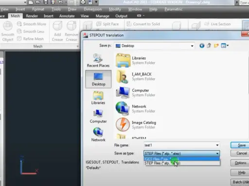 Finestra di dialogo "STEPOUT translation" in AutoCAD, con selezione del tipo di file "IGES Files" per salvare un disegno .cad.
