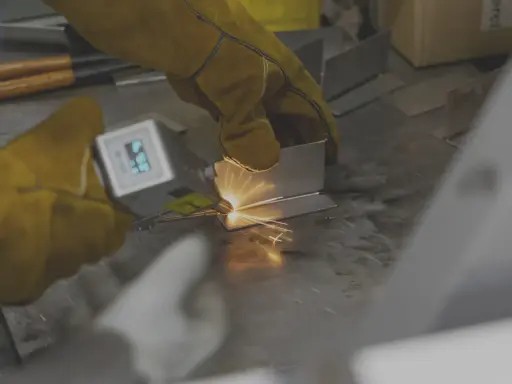 Mani guantate eseguono saldatura laser manuale su metallo, creando scintille luminose.