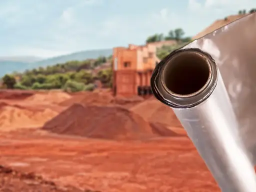 Rotolo di materiale riflettente, forse per isolamento, su un cantiere. Un accenno a come si produce l'alluminio, dal minerale alla forma finale.