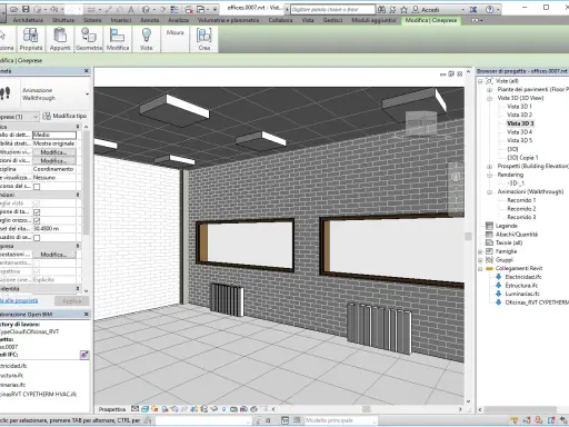 Vista 3D di un progetto di interni, con mattoni grigi e finestre. Il pannello "Proprietà" mostra opzioni per la "messa in tavola inventor".