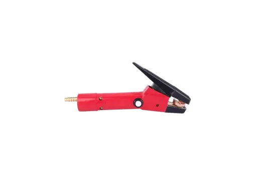Pinza rossa per scriccatura saldatura, con ganasce in rame e attacco per tubo.
