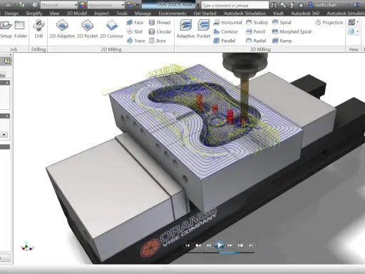 Simulazione CAM di Autodesk: un utensile lavora un pezzo con percorsi di taglio complessi, mostrando cos'è Autodesk per la produzione.