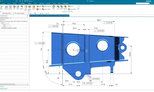 Componente metallico blu con quote e tolleranze, parte di un progetto di cad meccanico.
