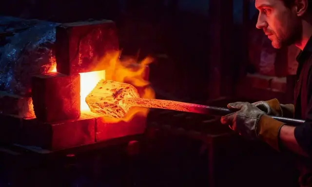 Fabbro con guanti estrae metallo incandescente da forno per la normalizzazione acciaio. Fiamme e calore intenso.