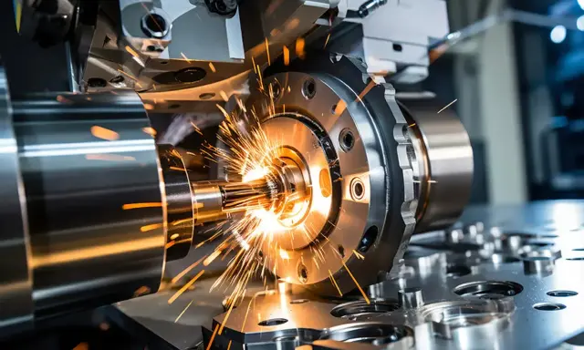 Un operatore CNC svizzero lavora con precisione su una macchina che produce scintille luminose.