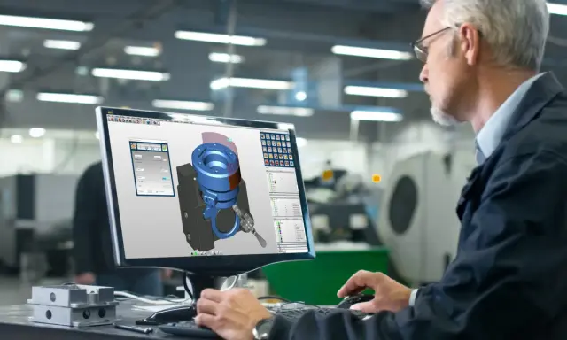 Ingegnere utilizza software CAD CAM per progettare un componente meccanico in 3D.