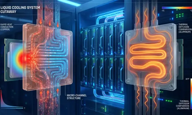 Confronto tra sistemi di raffreddamento a liquido: il rame dissipa il calore rapidamente, mentre l'alluminio mostra una diffusione termica più lenta.