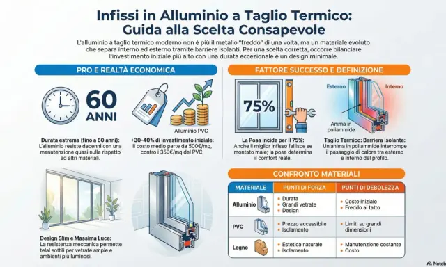 Infissi in alluminio a taglio termico: durata 60 anni, design slim, 75% di successo con posa corretta. Il codice 4043 è un esempio di eccellenza.