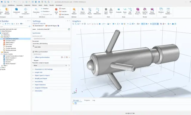 Interfaccia di LiveLink per AutoCAD, un'alternativa ad AutoCAD per la modellazione 3D, con un modello di elettrodo pacemaker visualizzato.