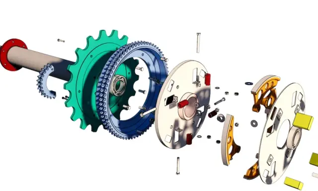 Componenti di un sistema di trasmissione, con ingranaggi, molle e bulloni, frutto di un'accurata progettazione meccanica 3D.