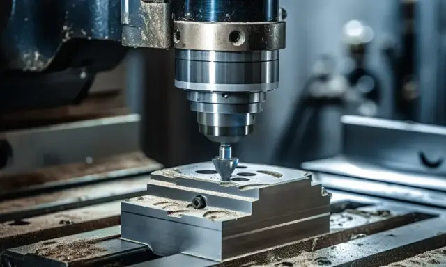 La fresa 3D lavora un pezzo metallico, creando dettagli precisi con la sua punta rotante.
