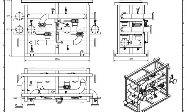 Disegni meccanici Autocad di un complesso sistema di tubazioni con valvole e flange, presentati in viste ortogonali e isometrica.