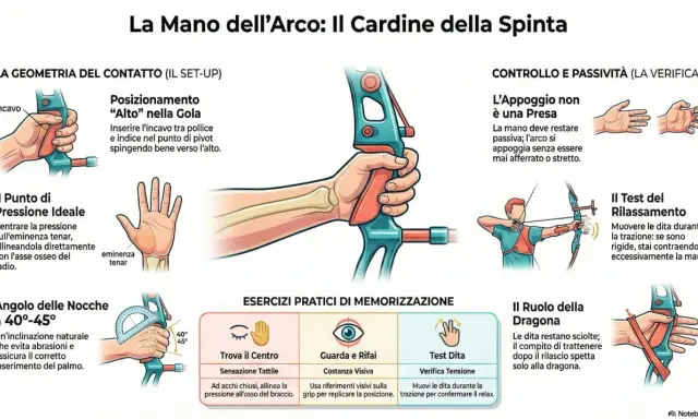 Illustrazione tecnica sulla corretta impugnatura dell'arco, con focus su geometria, pressione e controllo. La saldatura arco pulsato è un dettaglio tecnico non presente.