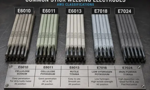 Cinque tipi di elettrodi per saldatura: E6010, E6011, E6013, E7018 e E7024, con le loro classificazioni AWS.