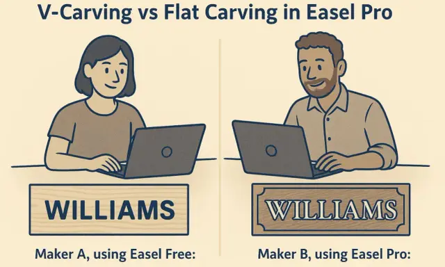 Due persone usano un computer per creare incisioni su legno con Easel Pro. Una mostra un'incisione piatta, l'altra una V-carving.