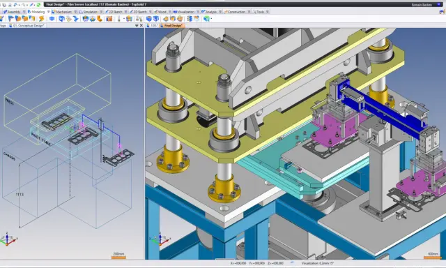 Progettazione 3D di un macchinario industriale, con componenti che illustrano il significato di un sistema parametrico.