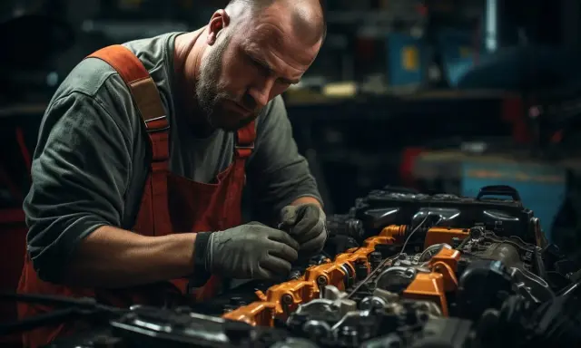 Meccanico esperto al lavoro su un motore. Scopri quanto guadagna un meccanico in proprio con dedizione e competenza.