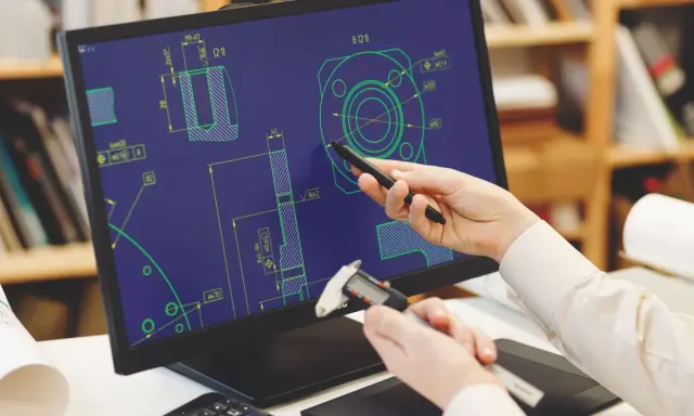 Un programmatore CAD CAM analizza un disegno tecnico su schermo, usando uno stilo e un calibro per misurare dettagli.