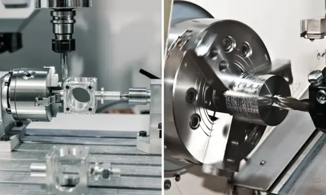 Dettaglio di un tornio CNC che lavora un pezzo metallico. Un altro tornio in azione, con una punta che perfora il metallo rotante.