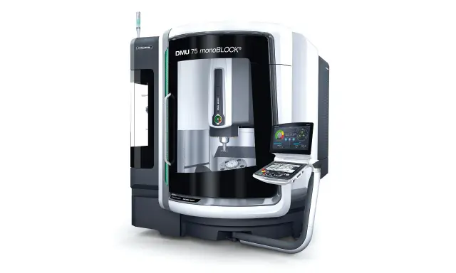 Macchina utensile DMG MORI DMU 75 monoBLOCK, con un pannello di controllo digitale e un mandrino pronto per la lavorazione di precisione.