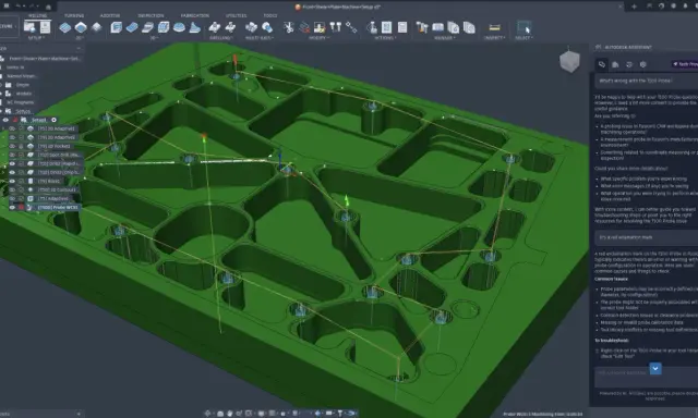 Interfaccia di cam autodesk con un modello 3D di un pezzo meccanico verde e un assistente che suggerisce soluzioni per un problema con una sonda.