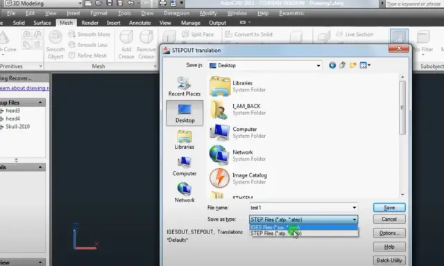 Finestra di dialogo "STEPOUT translation" in AutoCAD, con selezione del tipo di file "IGES Files" per salvare un disegno .cad.