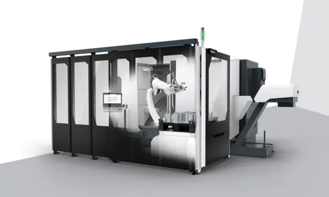 Sistema automatizzato DMG MORI con braccio robotico per la lavorazione di pezzi.
