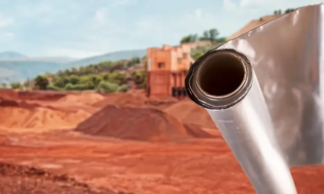 Rotolo di materiale riflettente, forse per isolamento, su un cantiere. Un accenno a come si produce l'alluminio, dal minerale alla forma finale.