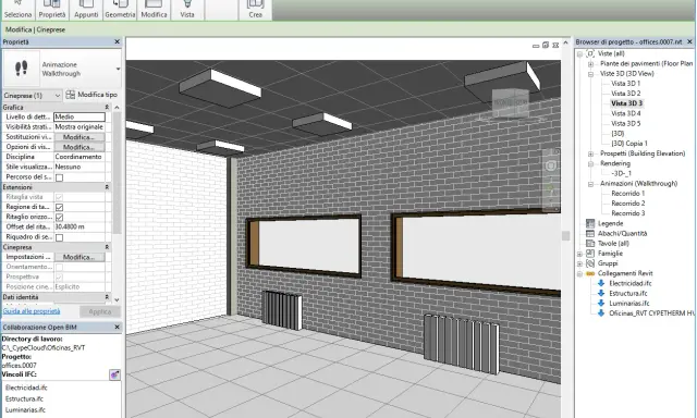 Vista 3D di un progetto di interni, con mattoni grigi e finestre. Il pannello "Proprietà" mostra opzioni per la "messa in tavola inventor".