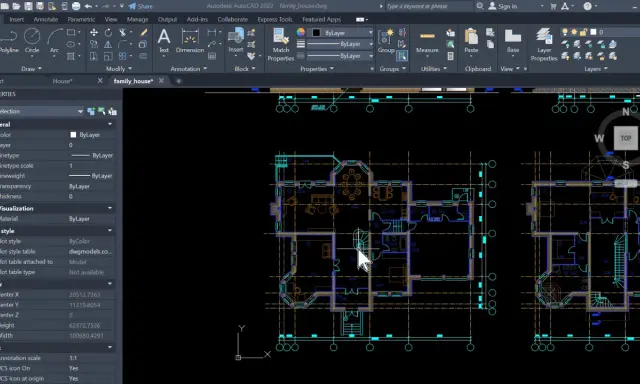 Un render con AutoCAD mostra la planimetria di una casa, con dettagli di stanze, mobili e scale.