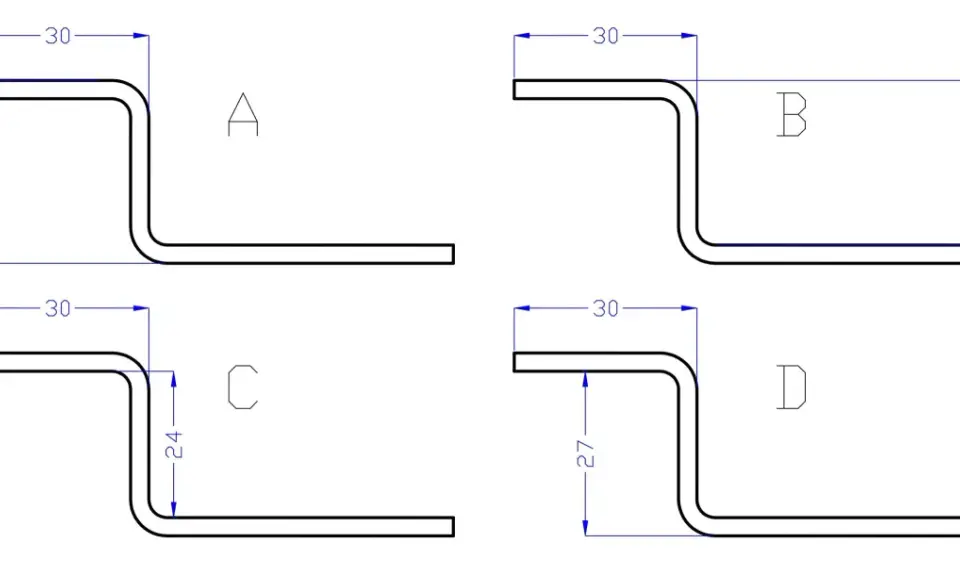Disegno tecnico piegatura lamiere con quote per profili a Z. Diverse varianti A, B, C, D mostrano le dimensioni delle pieghe.