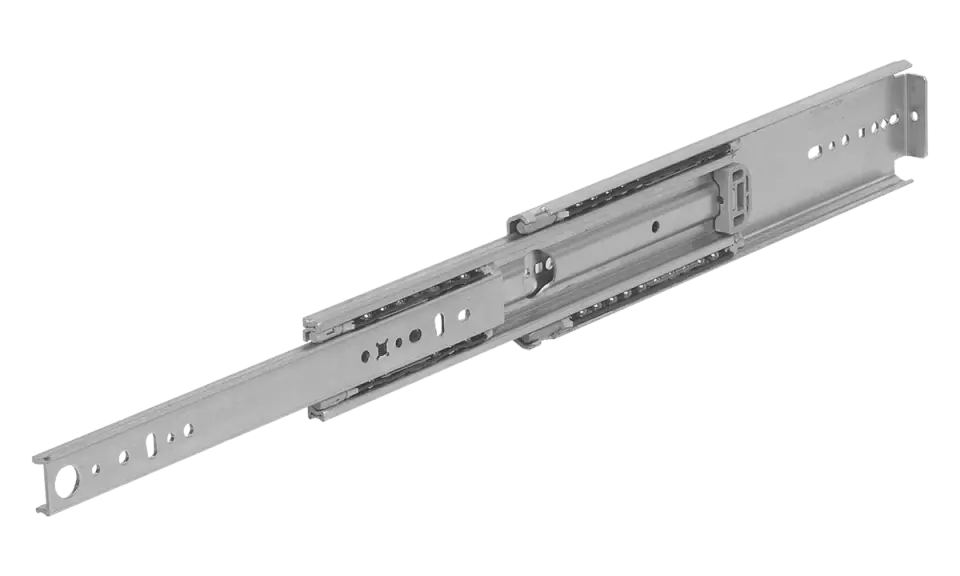 Guide lineari telescopiche in metallo, con sfere visibili, pronte per essere installate in un cassetto o mobile.