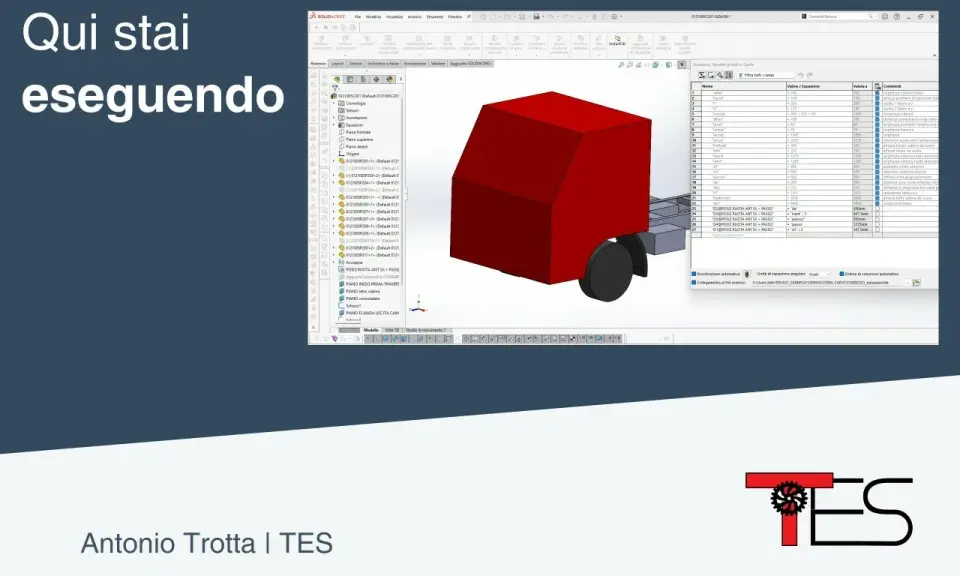 Modello 3D di un rimorchio rosso creato con software parametrico, con un elenco di componenti e quote visibili.