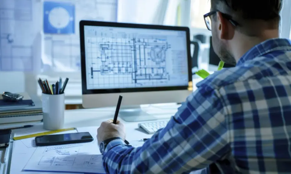 Un disegnatore CAD lavora al computer, concentrato sui progetti. Lo stipendio di un disegnatore CAD varia in base all'esperienza.
