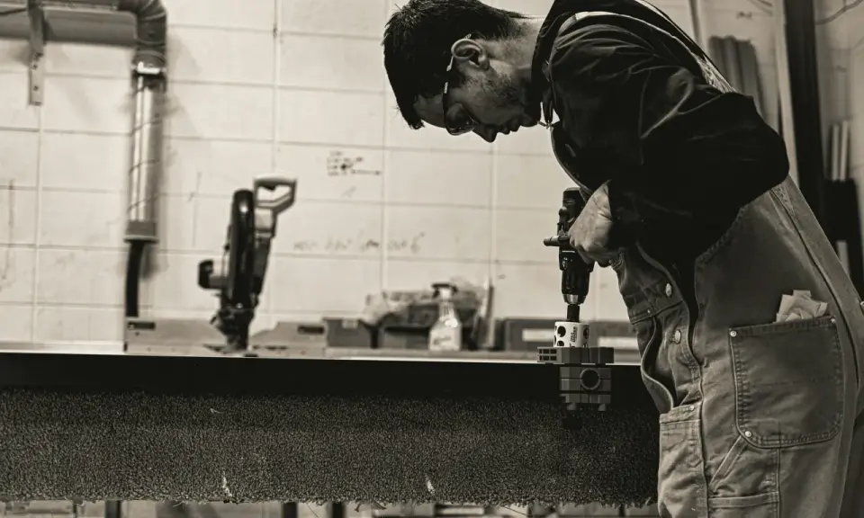 Giovane operatore CNC senza esperienza impara a usare un trapano, concentrato sul lavoro.