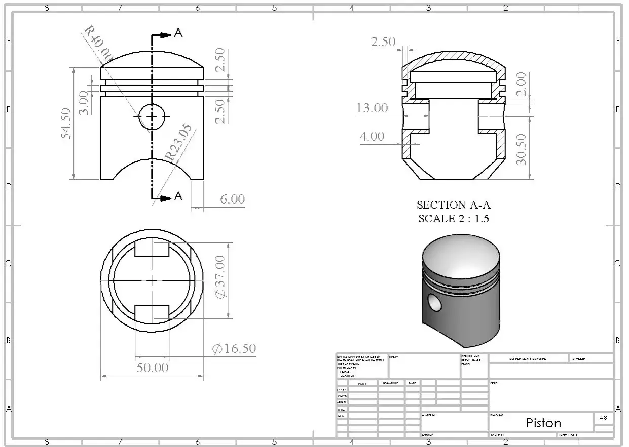Disegno tecnico di un pistone, con viste ortogonali e prospettiche, ideale per un corso disegnatore CAD.