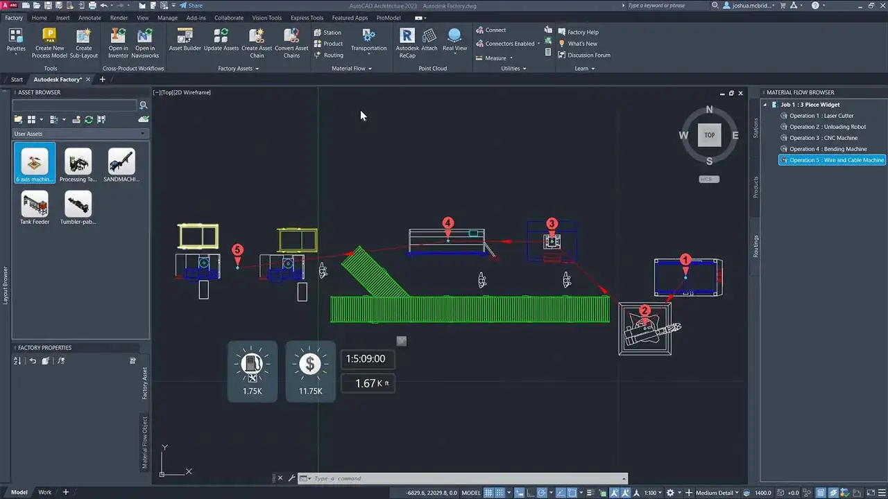 Schizzo di un inventor programma di fabbrica con macchinari, nastri trasportatori e flussi di materiale.
