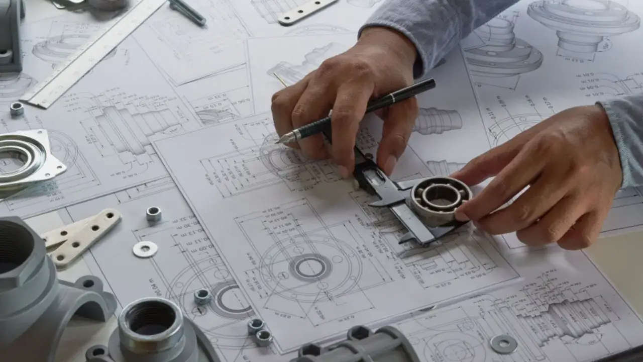 Un operatore CAD misura un cuscinetto con un calibro, circondato da disegni tecnici e componenti meccanici.